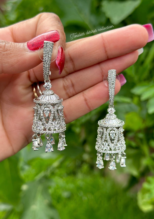 Silver American diamond Jhumka earrings