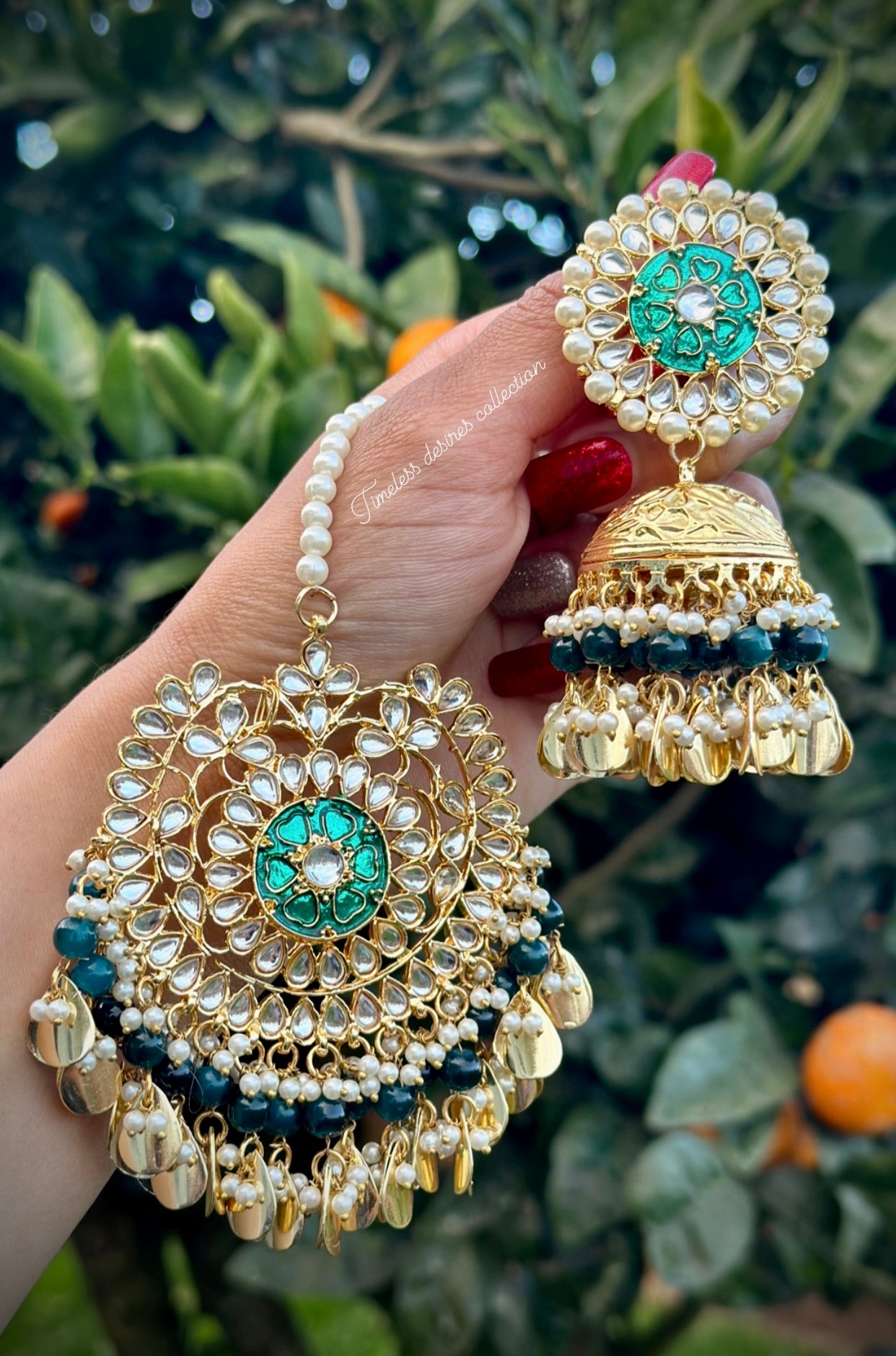 Gold Plated Pearls and Peepal Patti Danglers Earrings cum Maang Tikka Set -  PINK PITCH - 2586632