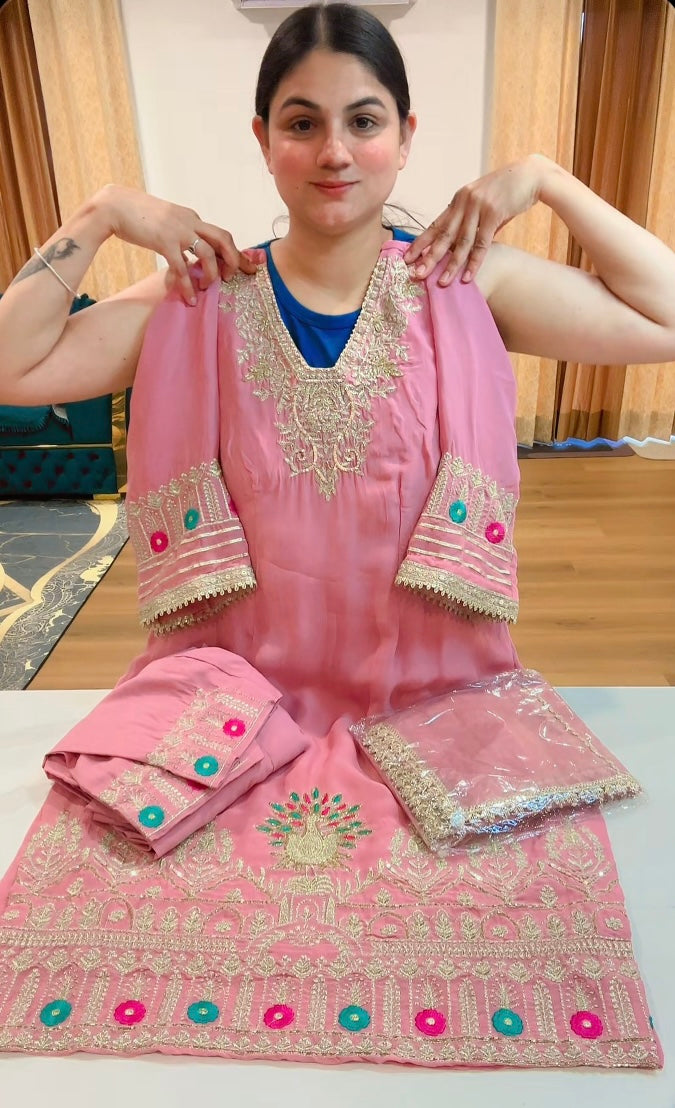 Partywear hand + tilla work suit (Colour: light pink), Code: 212