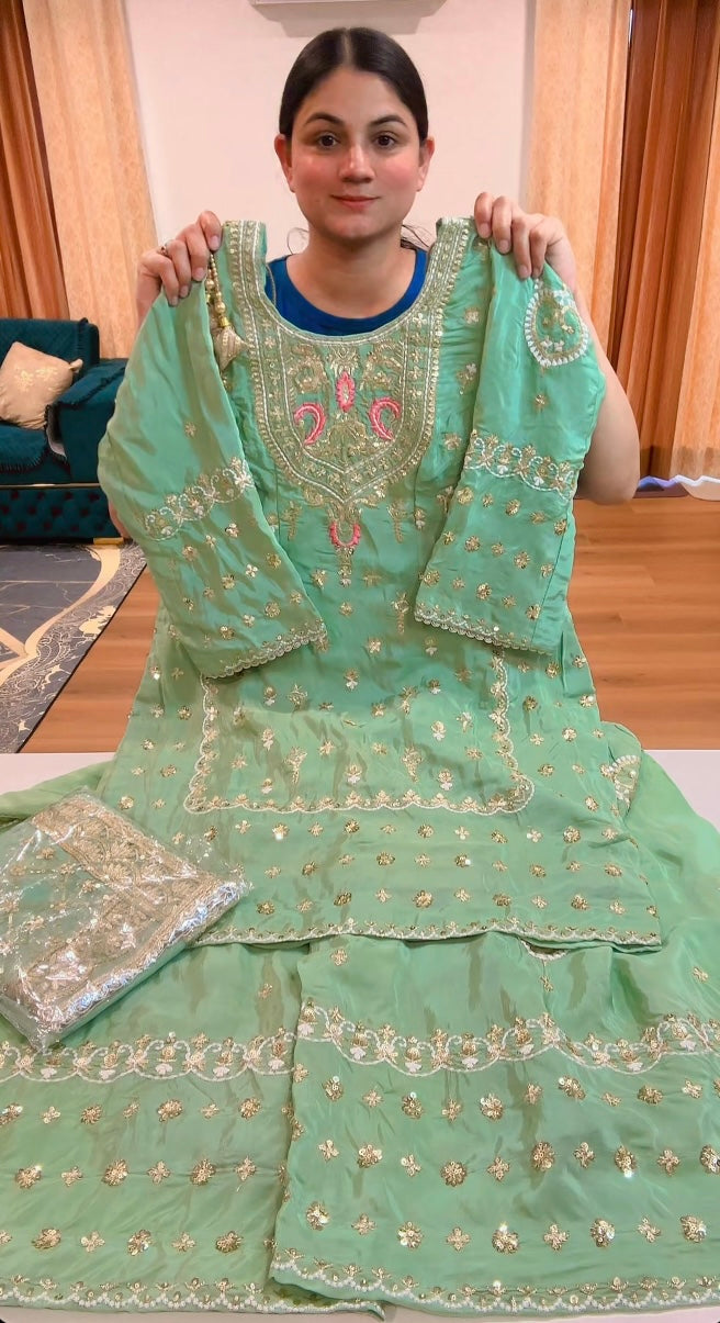 Partywear sharara suit with hand, tilla and thread work (Colour: mint green), Code: 213.                  Contact us on WhatsApp for Pre Booking this