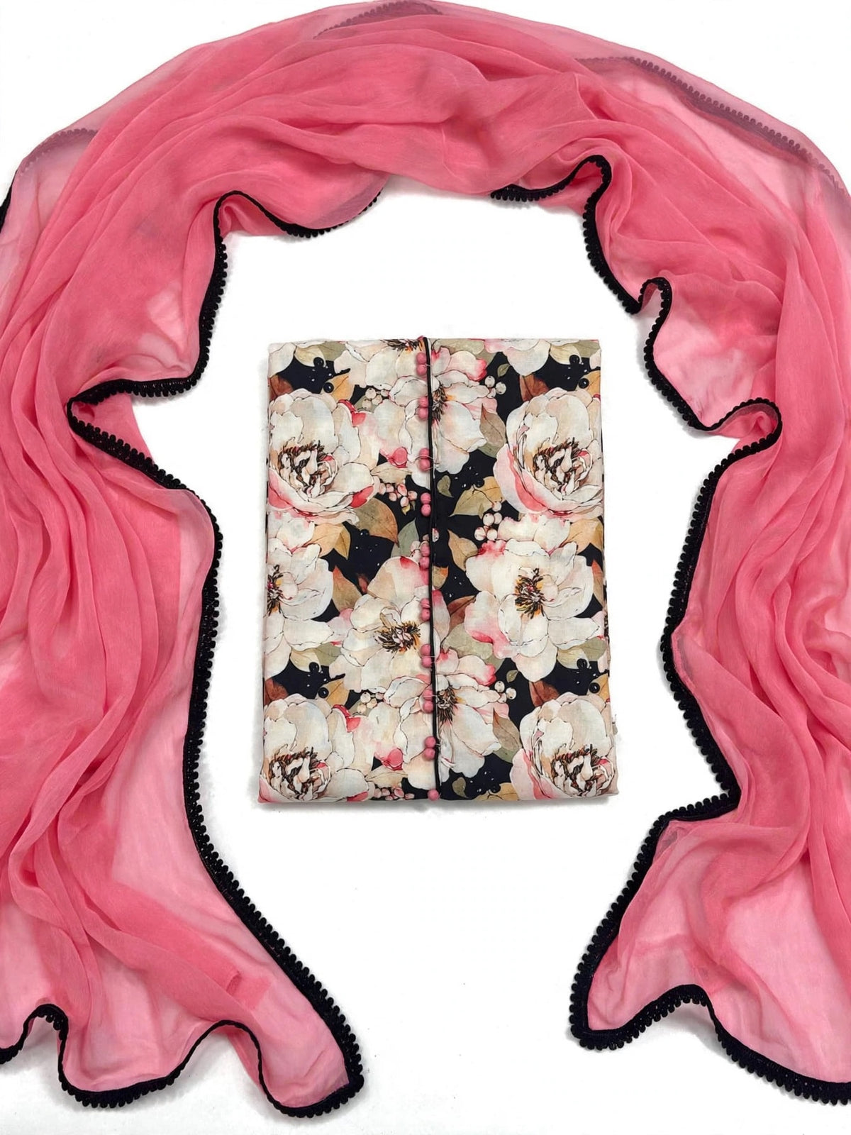 Unstitched suit in Cotton with pure duppta - Colour : black + Light pink  ( Code: X60 )