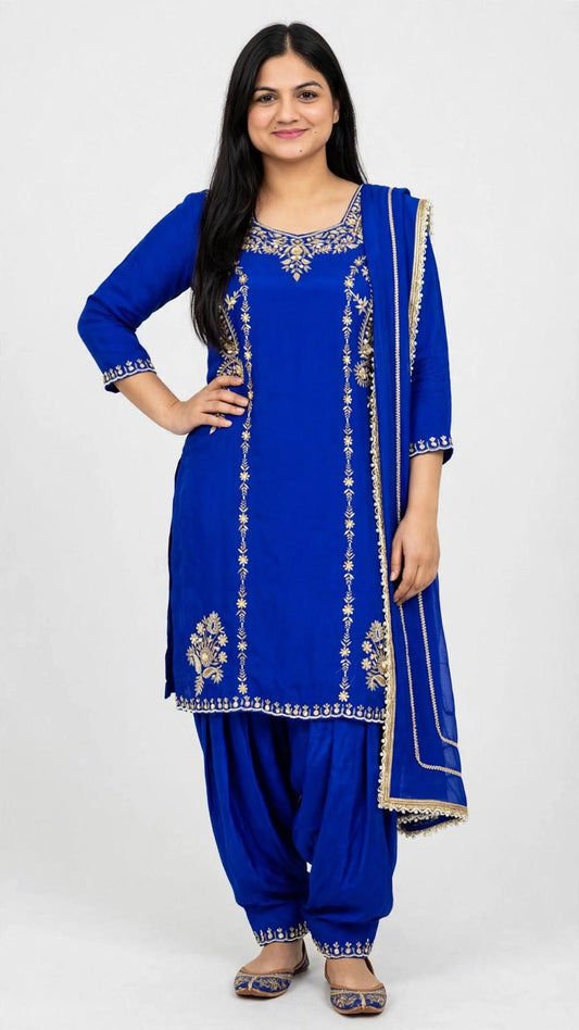 Handwork Party wear suit on pure fabric with lace enhanced Duppata - colour: Royal blue ( Code: 105 )