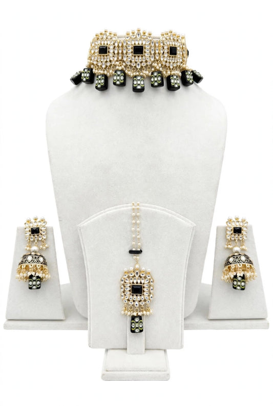 Black choker / necklace set in Kundan with tumbler beads in meenakari with Jhumka included Sahara chains- N27