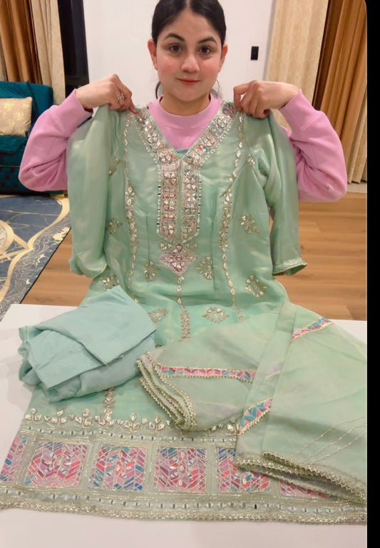 Gotta Patti on Glass Tissue Handwork suit  ( Colour - Water Blue)- Code: 612