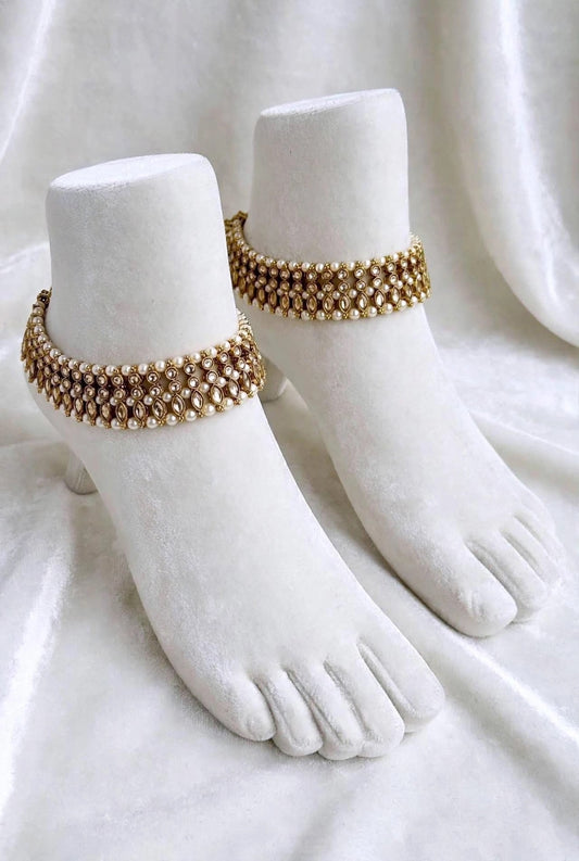 Triple stone golden Polki anklets / jhanjra (TD-21)