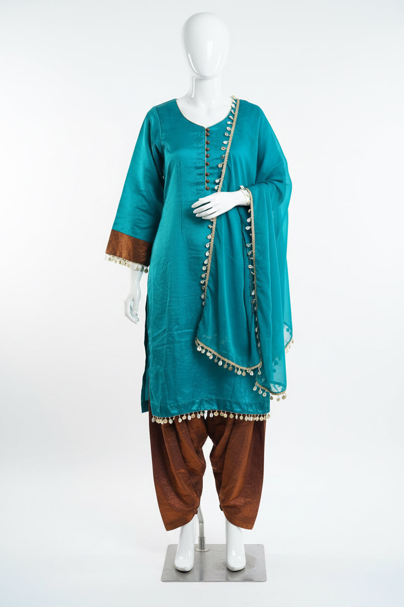Farshi salwar suit in contrast of peacock & brown - Code 029