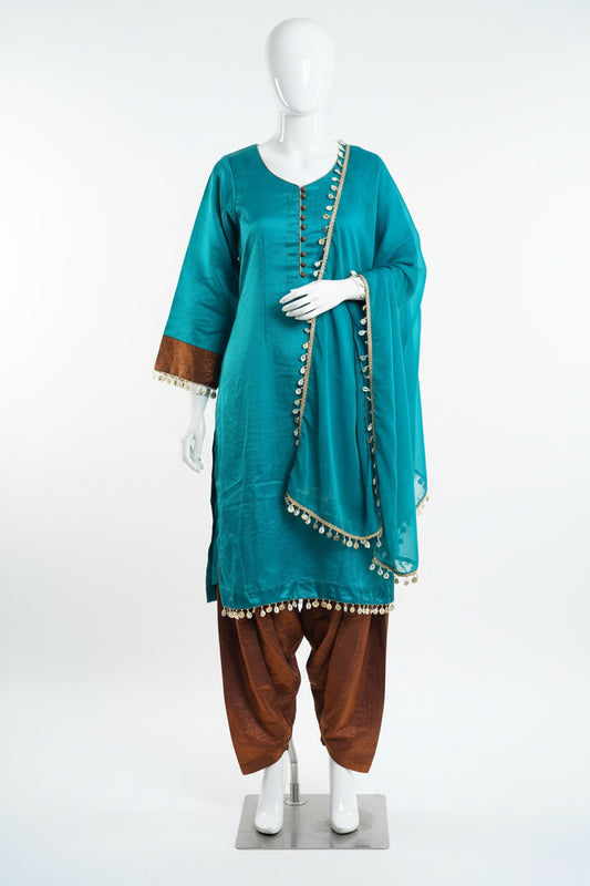 Farshi salwar suit in contrast of peacock & brown - Code 029