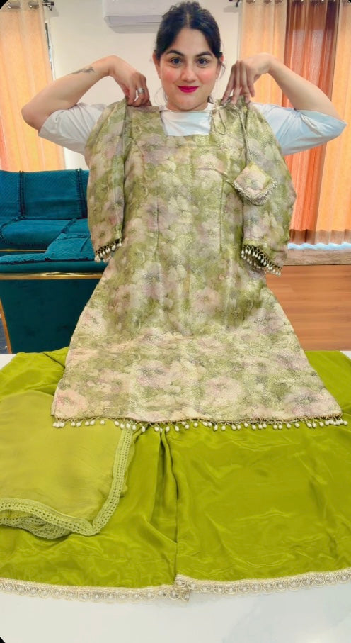 Zakira silk  party-wear suit with loose Plazo , Code: 004