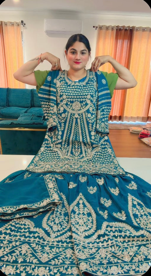 Party Wear Heavy garara suit on Georgette ( Colour - Teal Blue ) Code: RS106