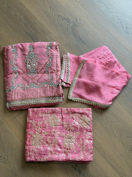 Unstitched handwork Suit - shirt: shimmer silk , bottom : Banarsi , Duppata : chiffon ( Colour - Carrot )