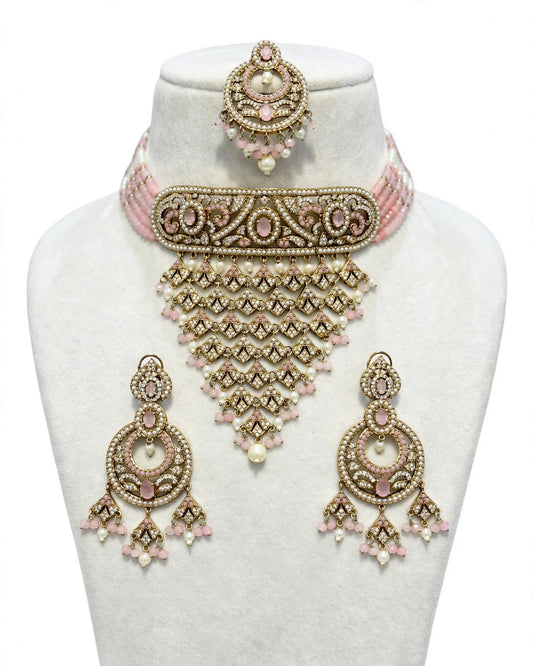 AD-Jadau Necklace set with earrings (Premium Quality), Colour: Baby pink, (Code: X12)