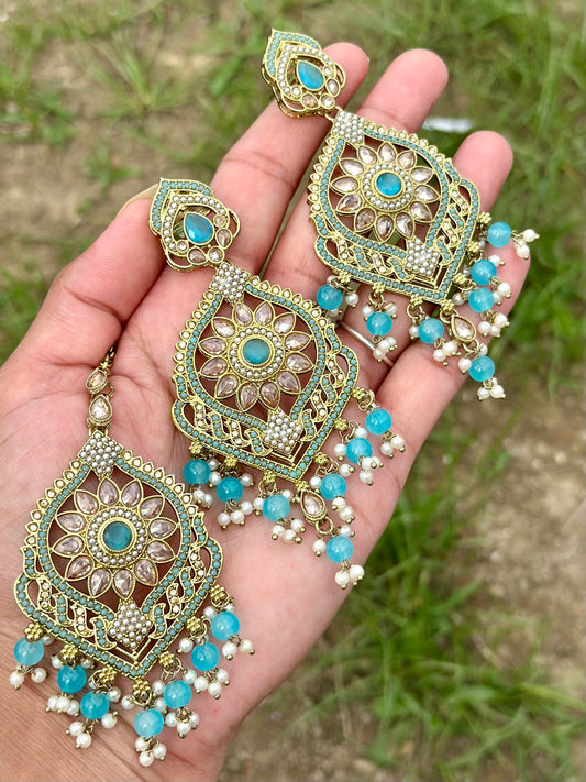 Sky blue earrings with tikka - J11