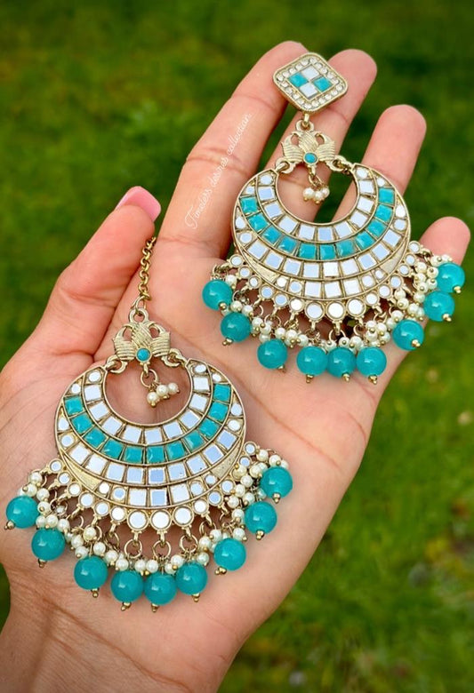 Sky blue earrings and tikka set in mirror