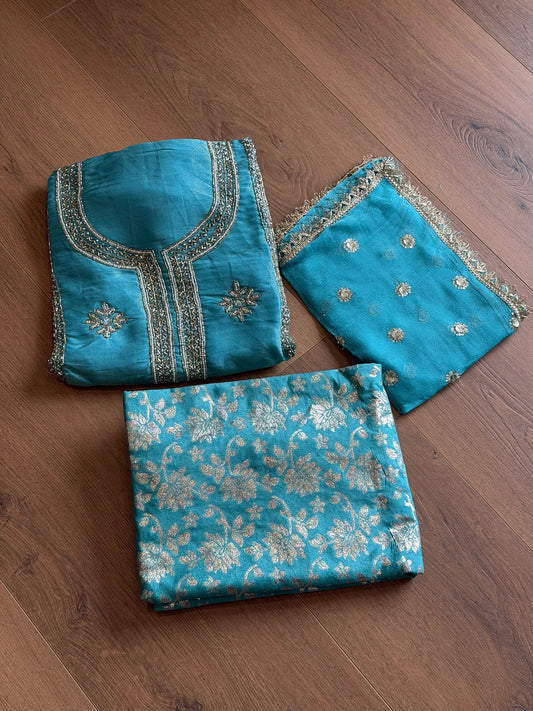 Unstitched handwork Suit - shirt: shimmer silk , bottom : Banarsi , Duppata : chiffon ( colour : firozi )