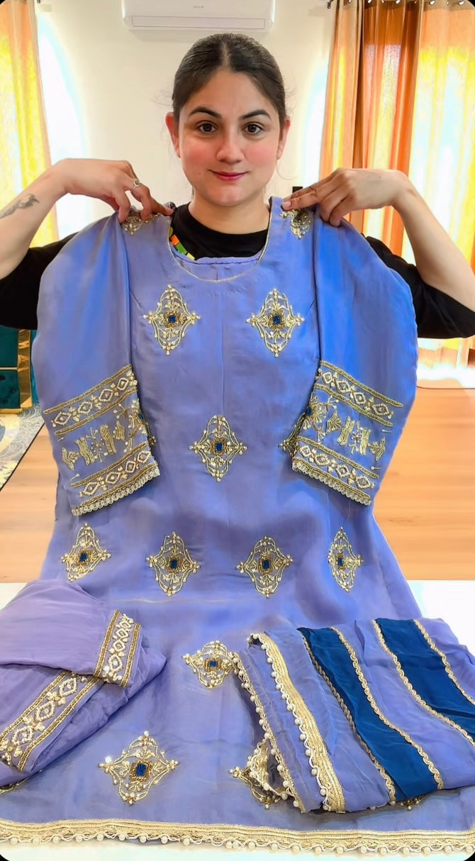 Partywear hand work suit (Colour: powder + dark blue), Code: 230
