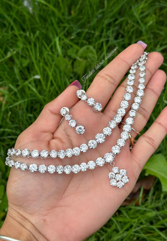 Double layer silver American diamond necklace set