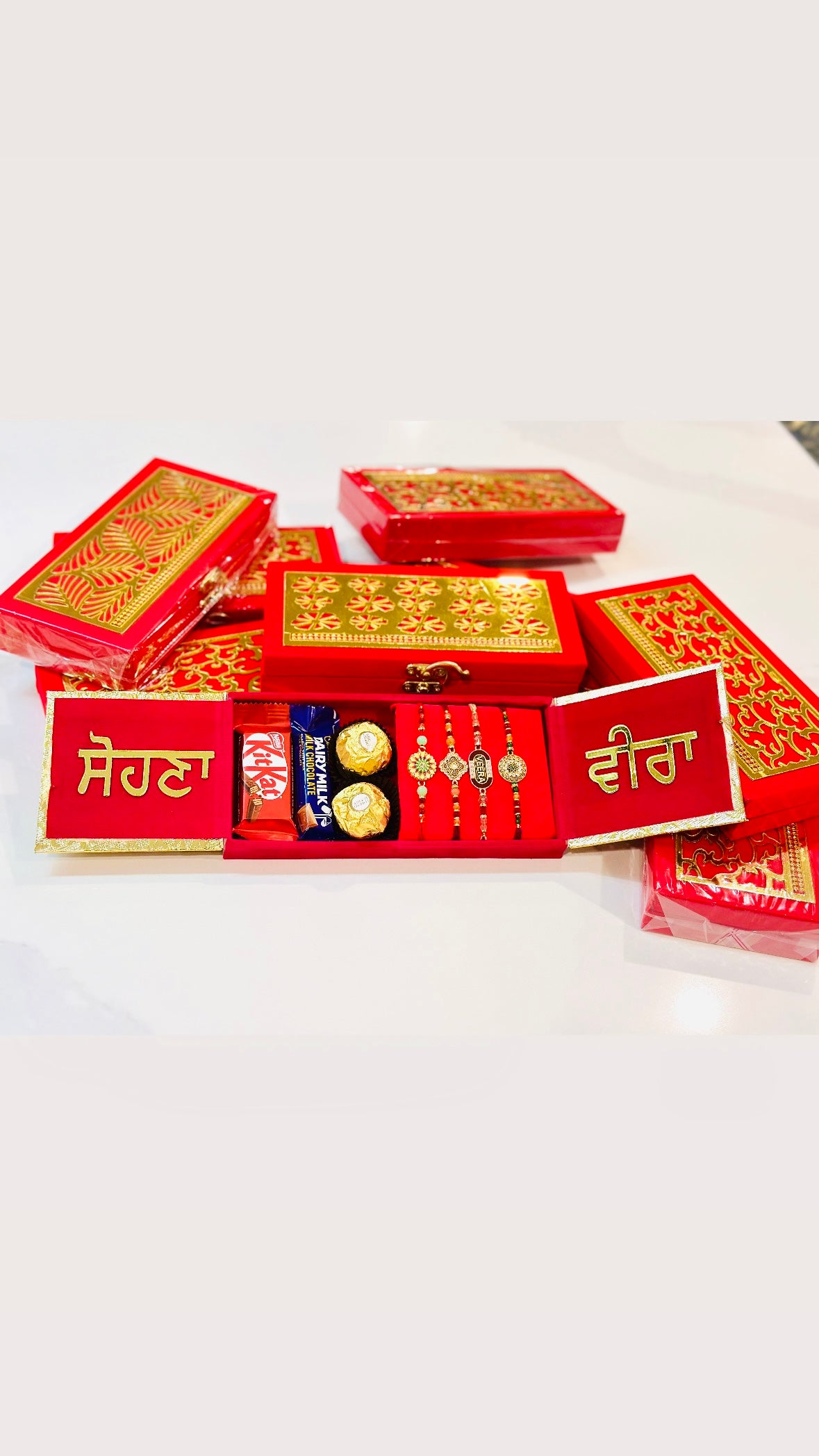 Rakhi Hamper Box with 4 Rakhdi and chocolates - Bunndle box (assorted designs)