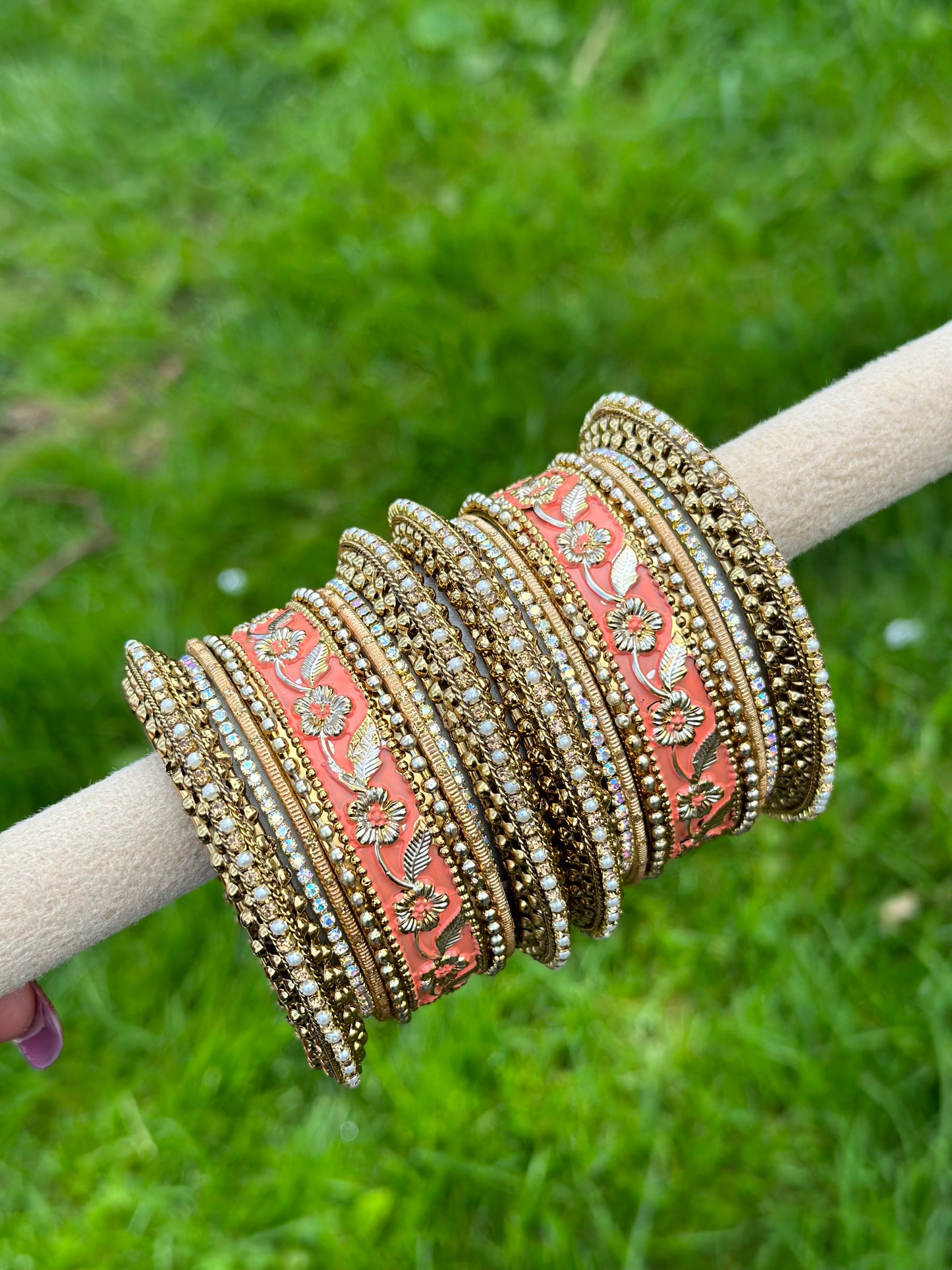 Peach colour Rajwadi Style Meenakari bangles set ( set of Both hands )