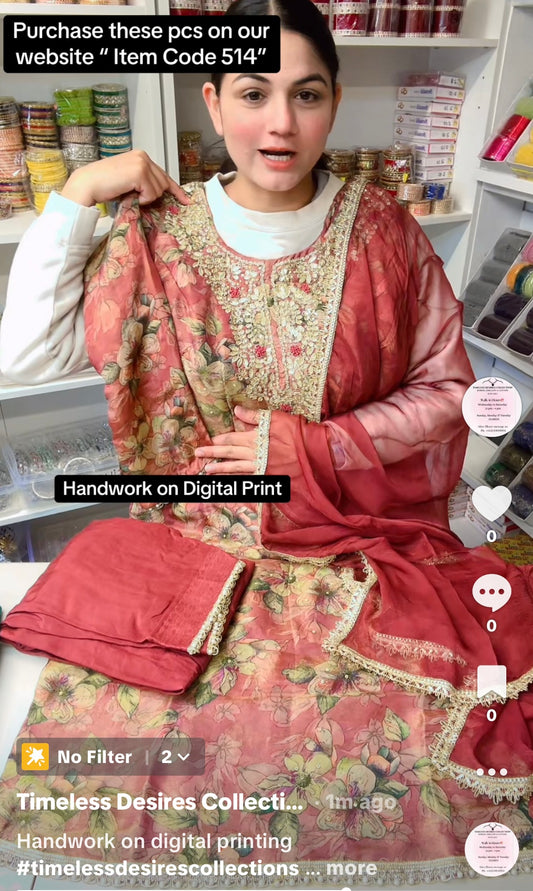 Handwork on Digital Print Punjabi Suit ( Code: 514 )  - Colour “ Onion “