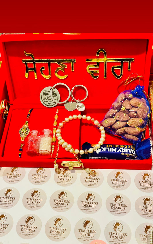 Couple / Veera Bhabi Rakhi gift hamper box - assorted Accessories ( includes - gifts , chocolates , dry fruits and Rakhi’s ) all in one - Code A99