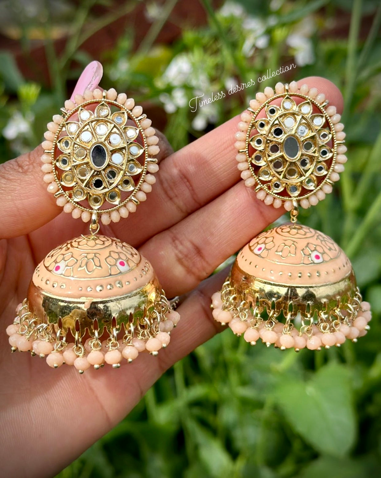 Peach Jhumka earrings in Meenakari with mirror