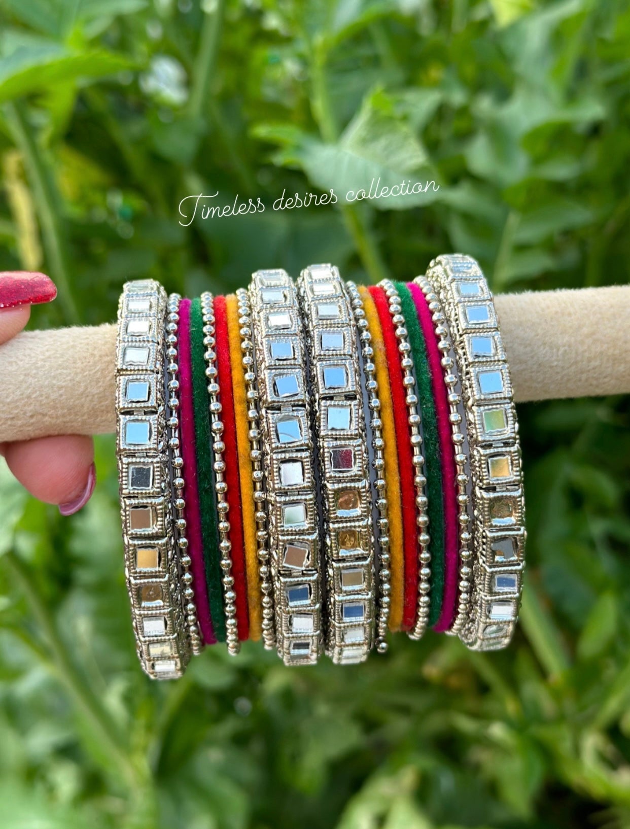 Multi mirror bangles set with silver kangan ( both hands )