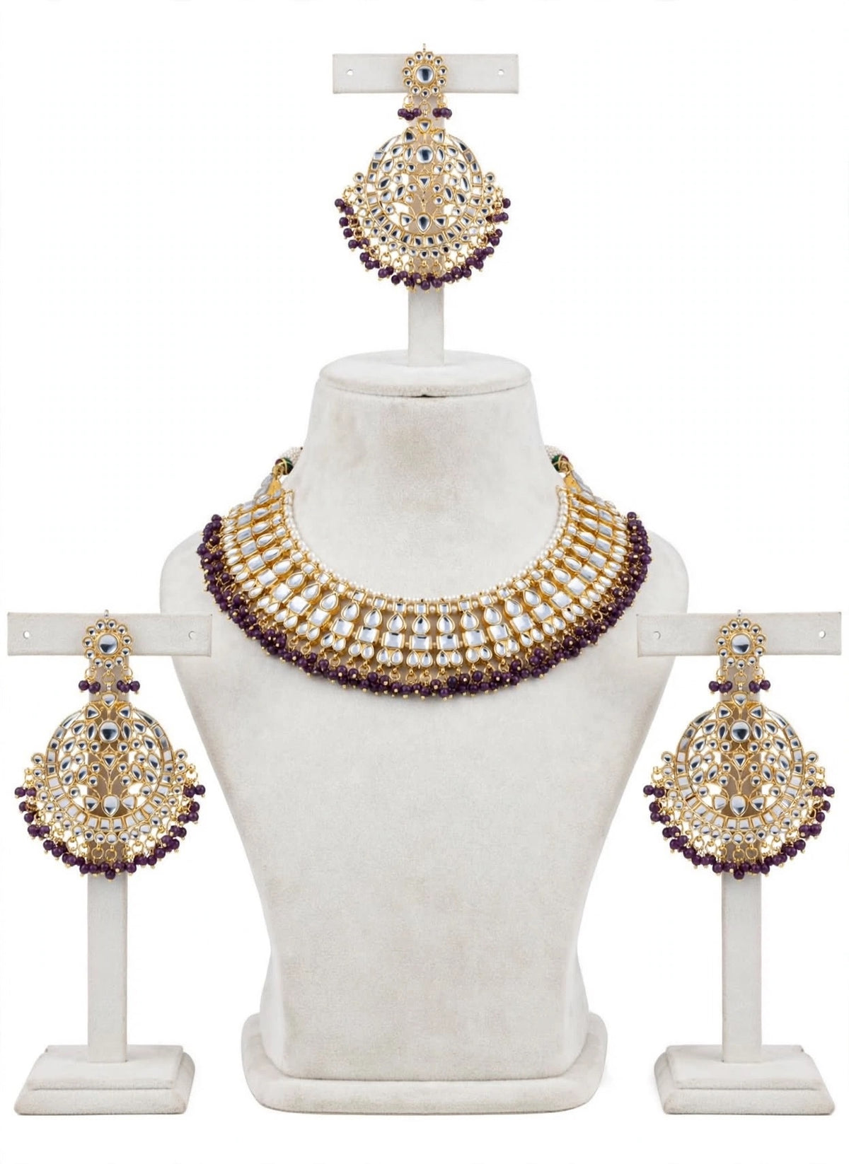 Purple Necklace / choker set in Kundan with oversized earrings and tikka ( high quality )- N69