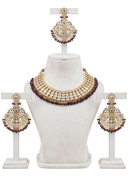 Purple Necklace / choker set in Kundan with oversized earrings and tikka ( high quality )- N69