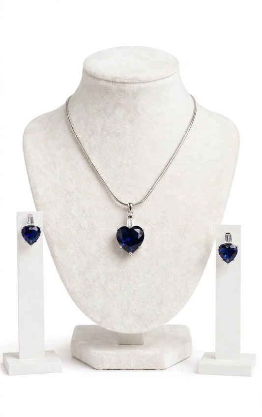 Blue American diamond necklace set with earrings in silver polish- n70