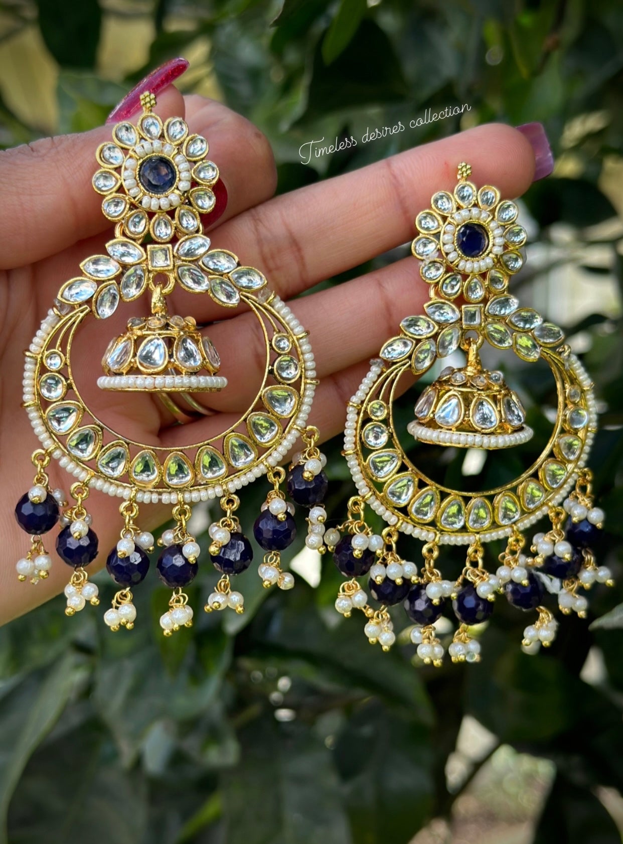 Blue colour jhumka drop wali style earrings in Kundan