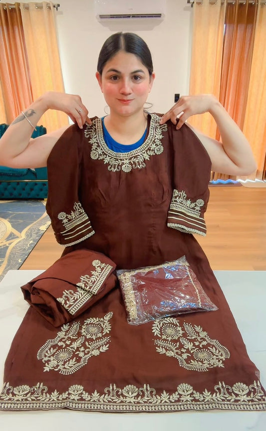 Partywear hand + tilla work suit (Colour: chocolate brown), Code: 202. To pre book this suit , reach on WhatsApp