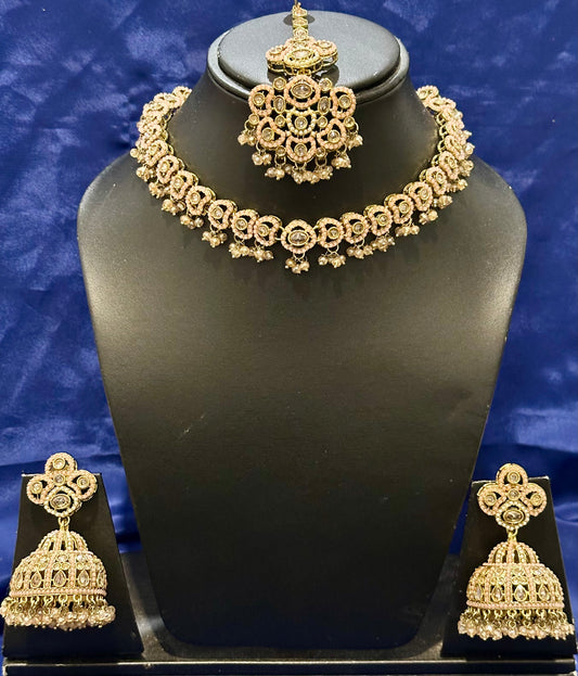 Necklace set with earrings and tikka in polki, Colour: Baby pink, Code: 079