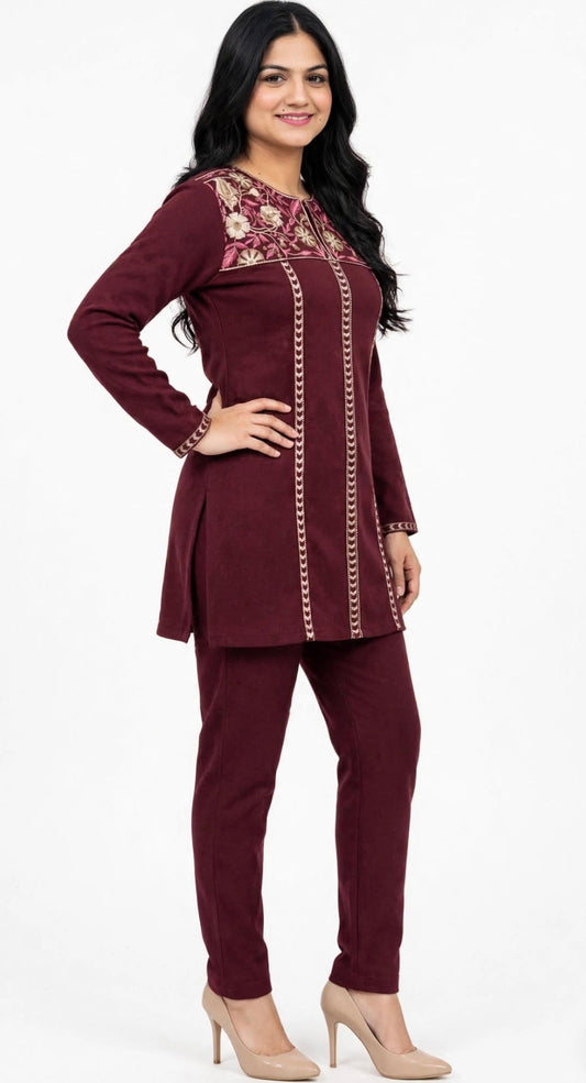Woolen co ord set in deep maroon - Code: 168