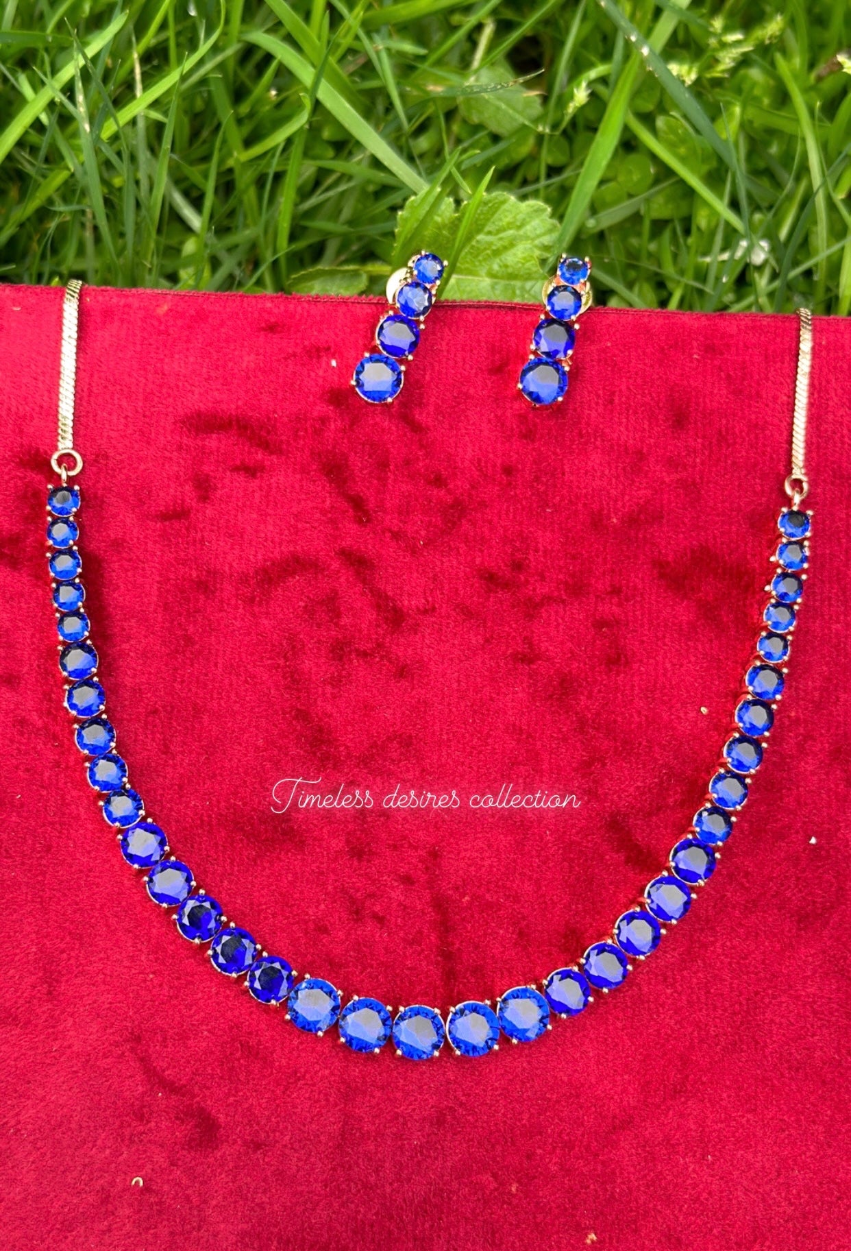 Blue American diamond necklace set in rose golden