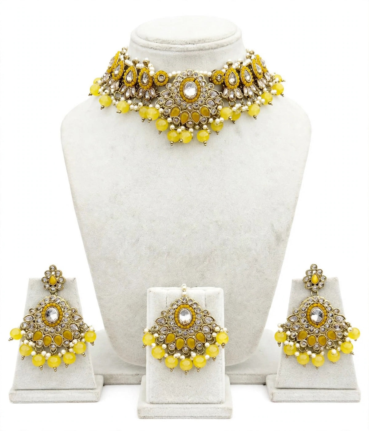 Yellow Choker / Necklace set with pearls & beads in reverse AD ( high quality polki ) - code N8