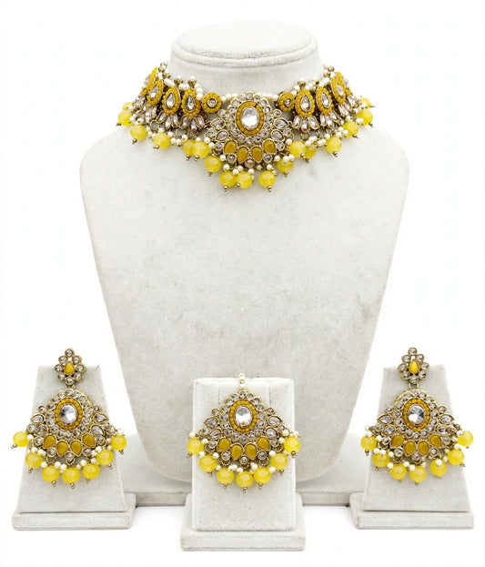 Yellow Choker / Necklace set with pearls & beads in reverse AD ( high quality polki ) - code N8