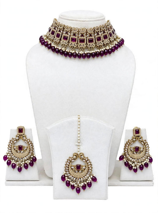Purple choker / necklace set in reverse AD ( high quality polki )- N 40