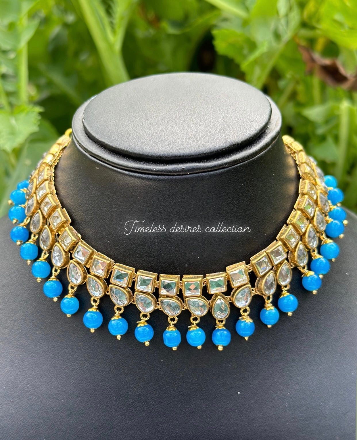 Sky blue or light blue choker / necklace set in Kundan