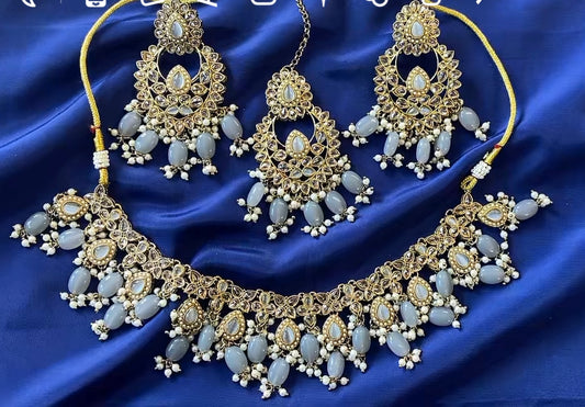 Necklace set with earrings & tikka, Colour: Grey, Code: X40