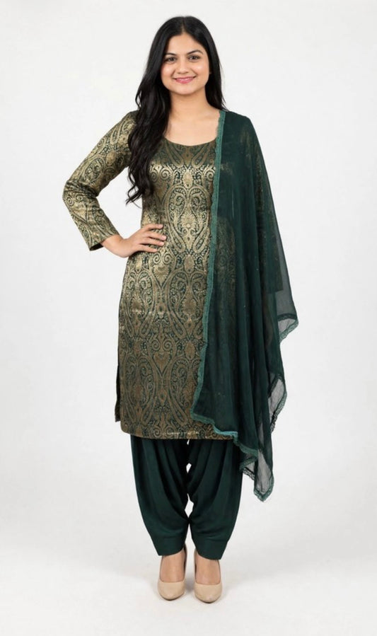 Bottle Green Kheen Khab / brocade salwar suit - Code 257