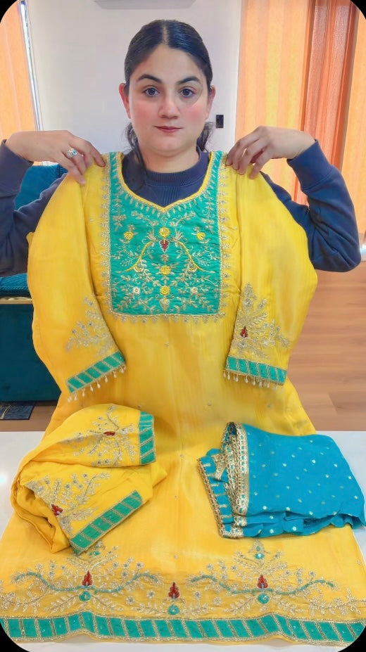 Party wear suit - ( Colour : Yellow + Sky ) Code - S104