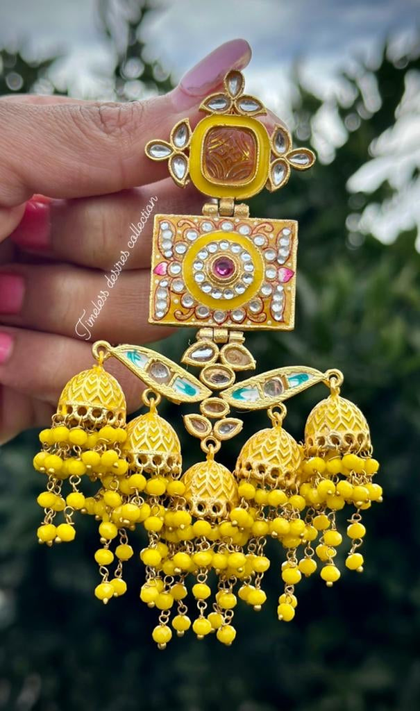 ( Item Code E-1 ) Yellow Most trending meena kundan earrings in gold plating ( statement PC )