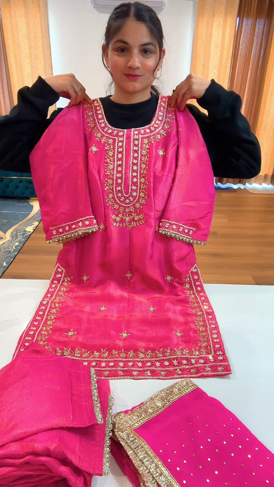 Rani Pink Handwork Suit on shimmer silk - ( Code: 739 )