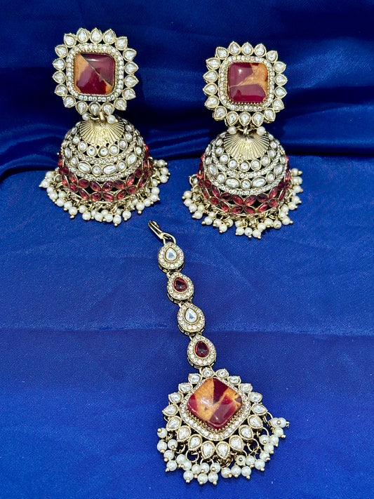 Kundan earrings, Colour: Ruby, (Code:082)