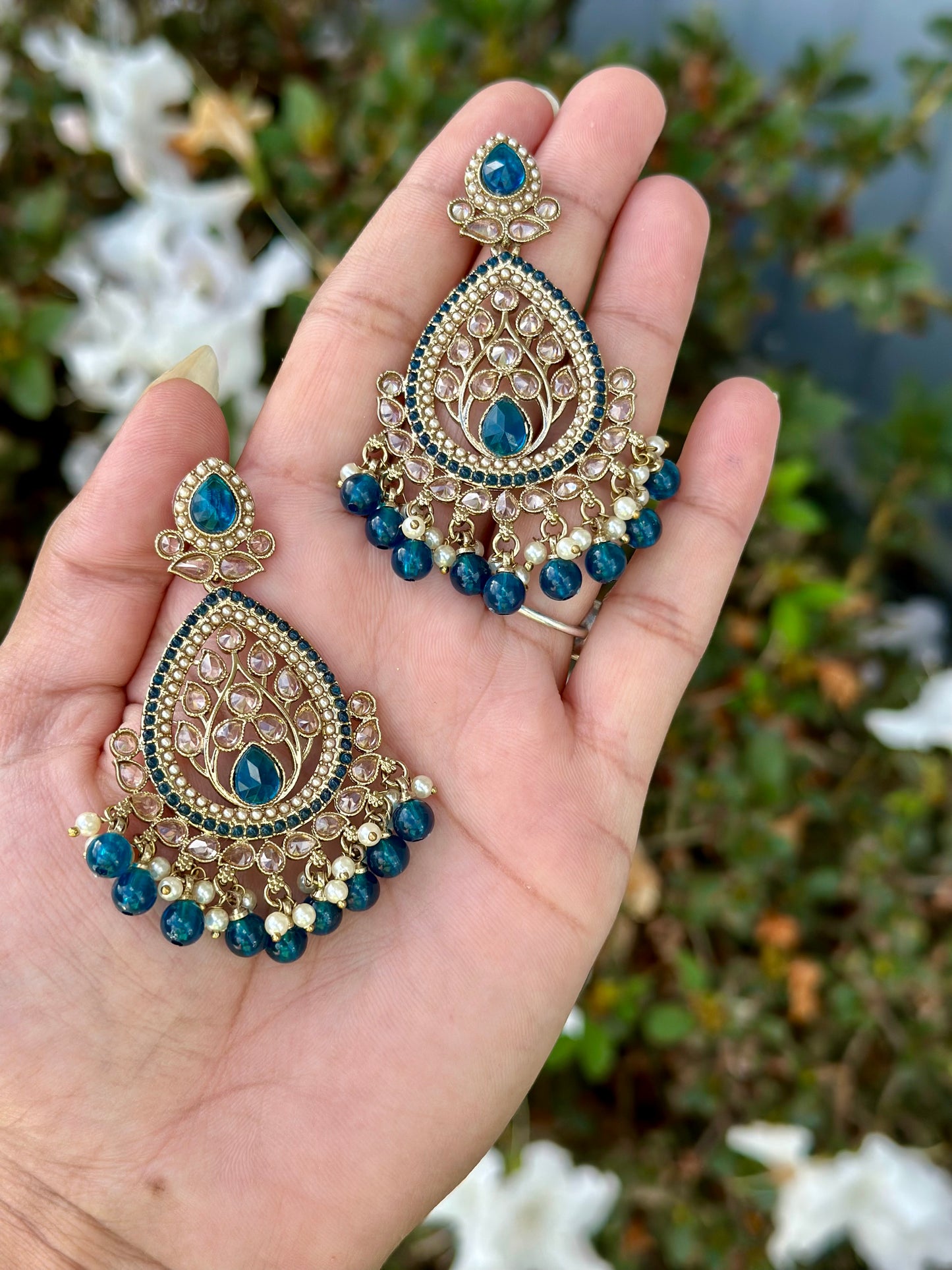 Peacock blue ( Teal blue ) earrings in Polki - J31
