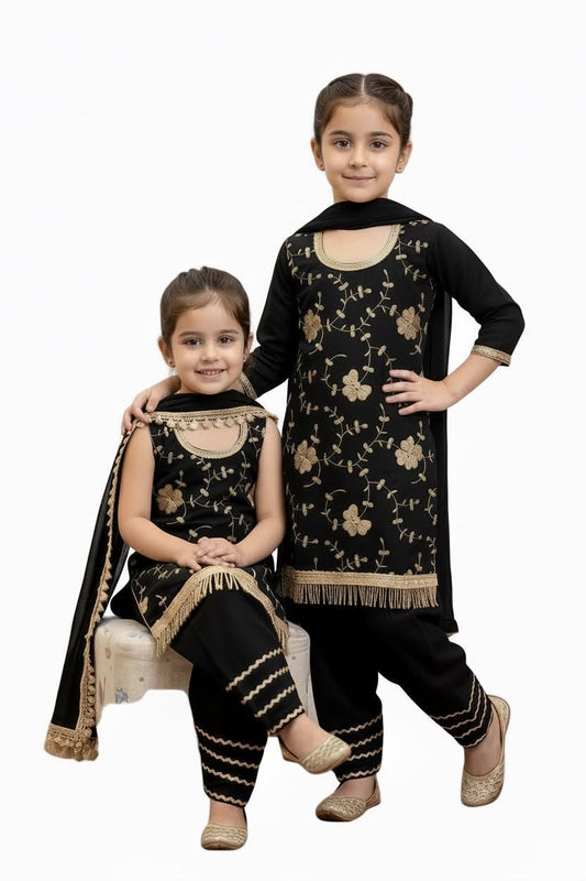 Kids handwork slawar Suit in colour black on party wear fabric paired up with duppta ( sleeves attached )