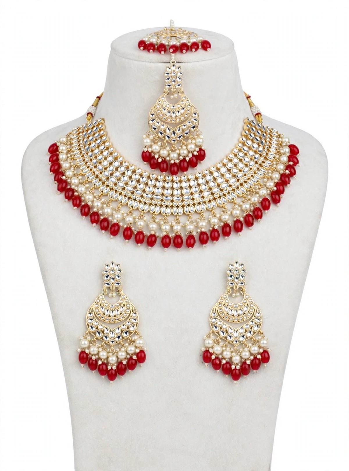 Pearl loaded necklace set with passa in Kundan in red colour- N87