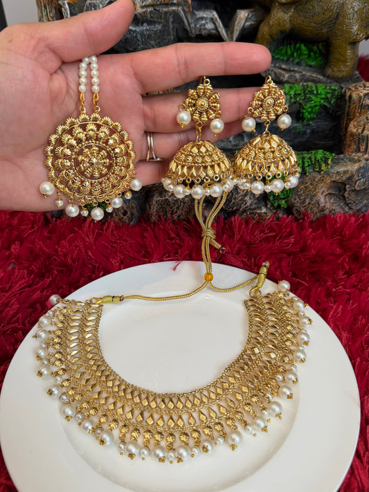 Antique gold jhumki set with necklace