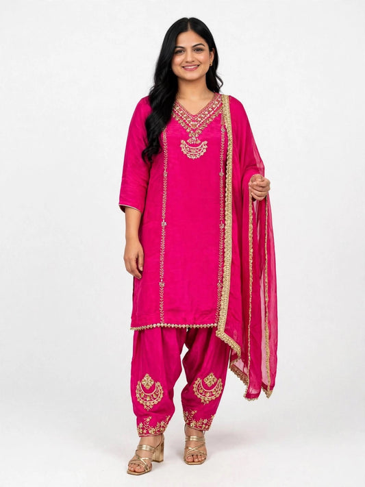 Rani pink handwork suit on crape fabric with chiffon duppta ( Not Chinon ) - Code : 110
