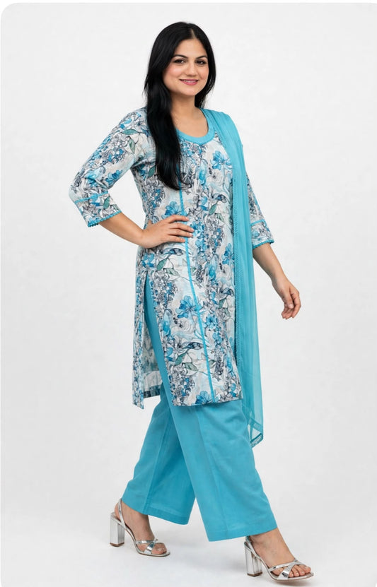 Shimmer designer fabric causal pant suit in sky blue